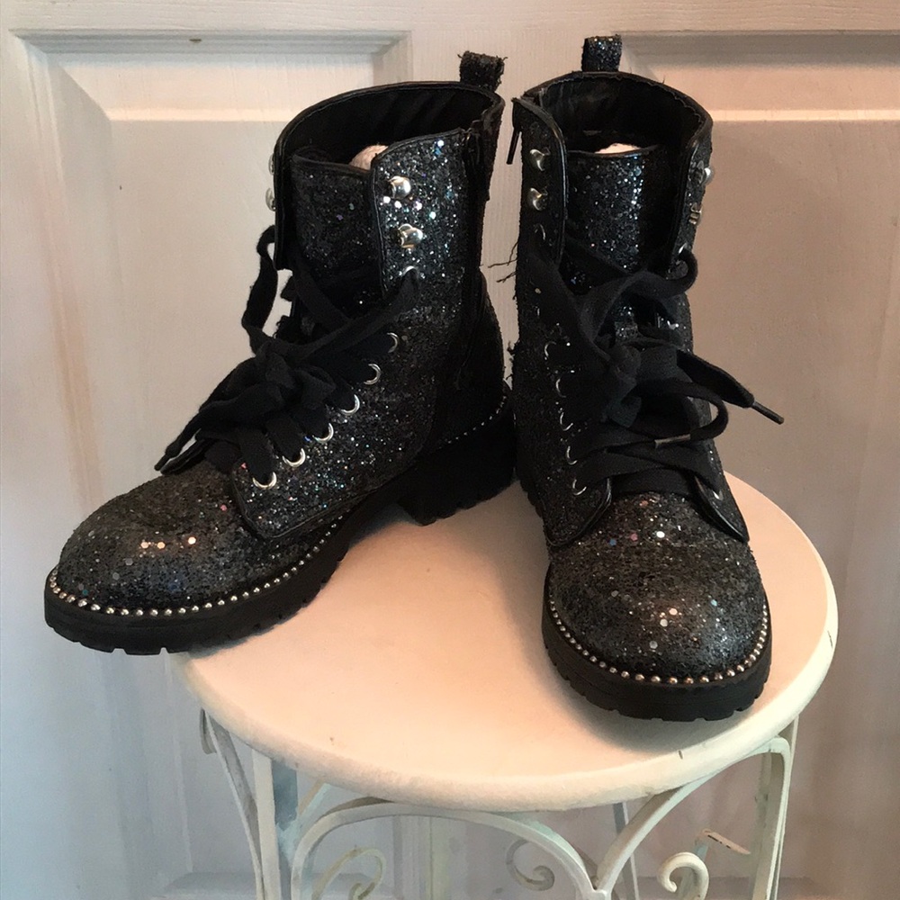 Kids Sparkle Black Glitter Lace-Up Boots